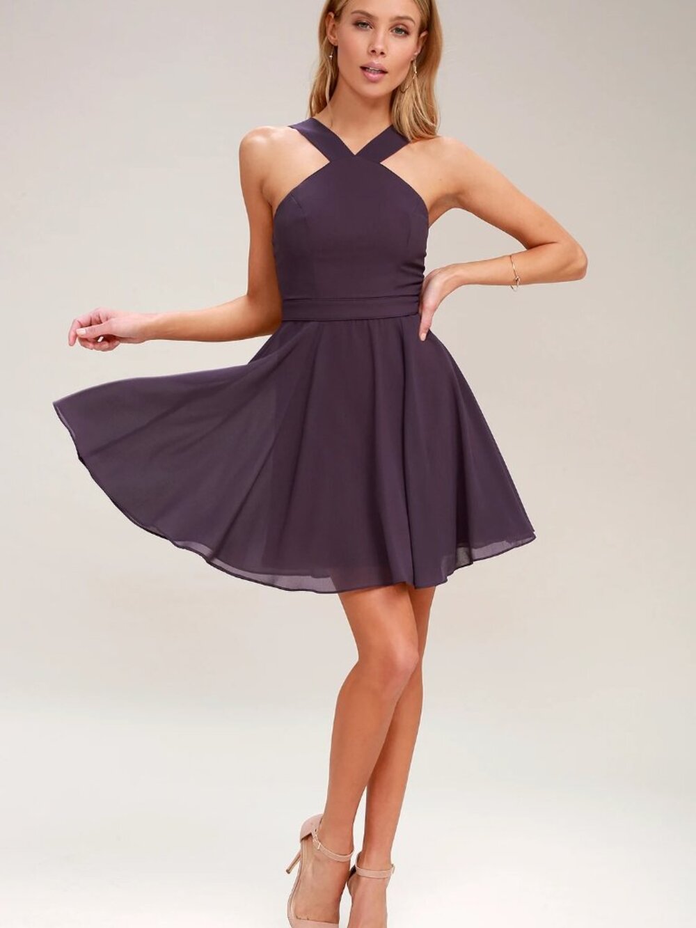 Lulus Forevermore Dusty Purple Skater Dress Sleeveless Fit & Flare Size M
